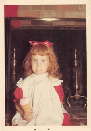 Redhead Ginger Girl In Red Dress & Hair Bow Eating Ice Cream Cone Vtg Photo 368