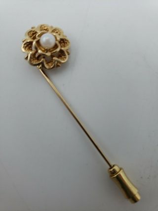 Vintage Golden Metal Flower With Faux Pearl Hat Pin