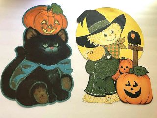 2 Vintage Hallmark Halloween Die Cut Decorations Black Cat & Jol,  Scarecrow Jol