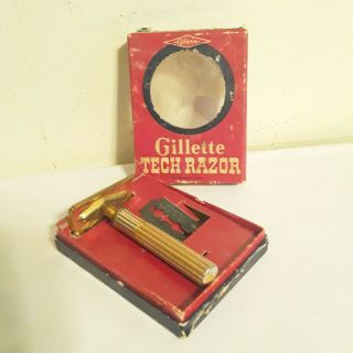 Vintage 1946 - 1950 Fat Handle Gillette Tech Razor Gold Tone With Box