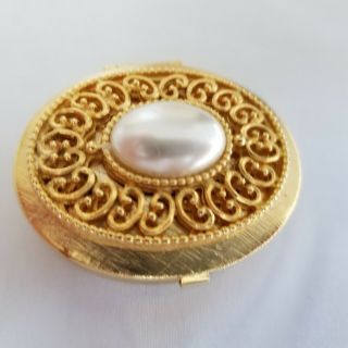 Vintage Gold Tone Pill Box With Faux Pearl Top 1 3/4 Inch By 1 1/2 Inch