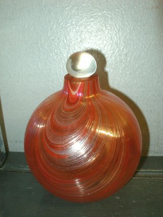 Vintage Art Glass Perfume Bottle & Stopper Drapped Swirls Red & Silver