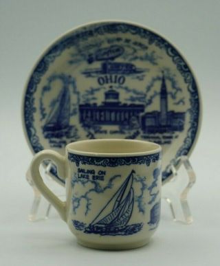 Vtg Souvenir Cup And Saucer From Ohio Blue And White Porcelain Made In Japan
