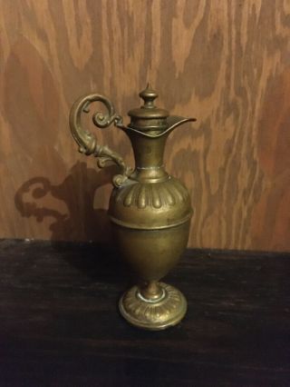Vintage/antique Brass Perfume Bottle With Screw Top And Ornate Handle
