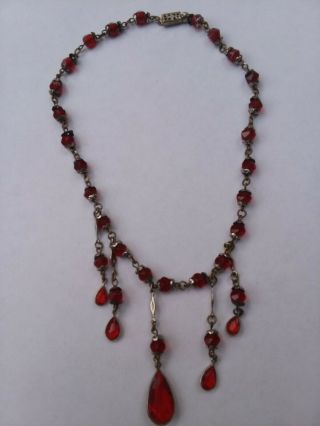 Vintage red glass faceted necklace late 1800 ' s to 1915 that measures 14 inches. 3