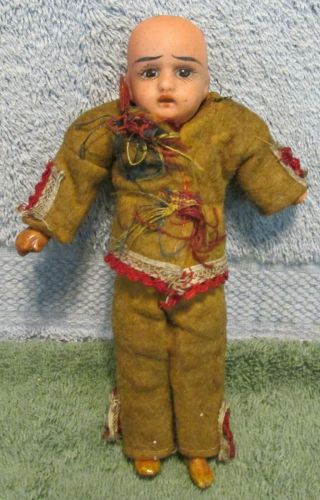 Antique A.  M.  ? 7 " Bisque Head Doll 20/0 Costume Paper Mache Body Tlc