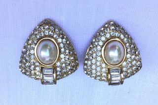 Vintage Christian Dior Rhinestone Faux Pearl Goldtone Clip Earrings Triangle