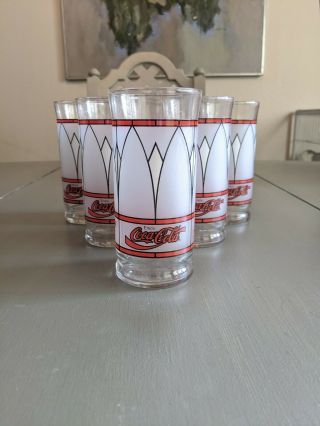 Coca Cola Drinking Glasses 6 Vintage Tiffany Style Coke Frosted Stained Glass