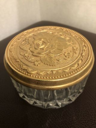 Vintage Kig Indonesia Glass Dresser Vanity Powder Jar With Gold Tone Decorative