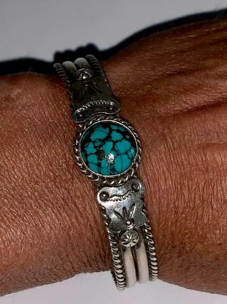 Vintage Navajo Stamped Sterling Silver Turquoise Cuff Bracelet - Stamped -