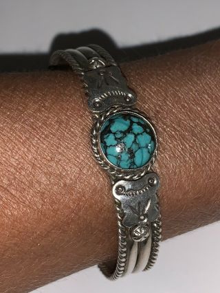 Vintage Navajo Stamped Sterling Silver Turquoise Cuff Bracelet - Stamped - 2