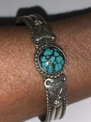 Vintage Navajo Stamped Sterling Silver Turquoise Cuff Bracelet - Stamped - 3