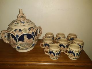Vintage Gerz Ceramic Tureen Punch Bowl 4l With 8 Cups Made In Germany