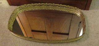 Vintage Rectangular Vanity Dresser Mirror Tray Gold Metal Frame