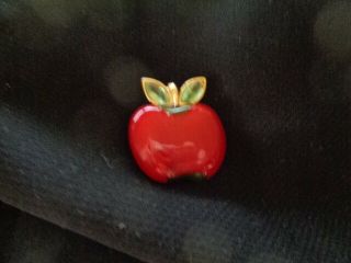 Apple Vintage Teacher Brooch Pin Red Enamel Glass Gold Tone