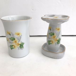Vintage Toothbrush Holder And Cup Set Yellow Violets Gilded Country Cottage C0
