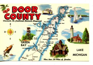 Map Of Door County Peninsula - Washington Island - Wisconsin - Vintage Postcard