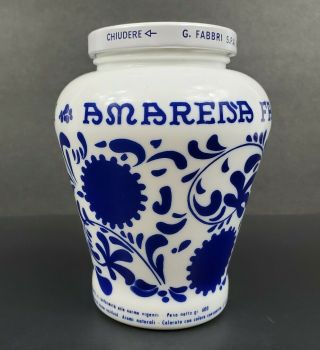 Vintage AMARENA FABBRI Italy Cobalt Blue White Milk Glass Cherries Jar Container 3
