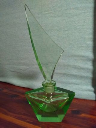 Vintage Art Deco Hexagonal Geometrical Green Glass Perfume Bottle W/topper