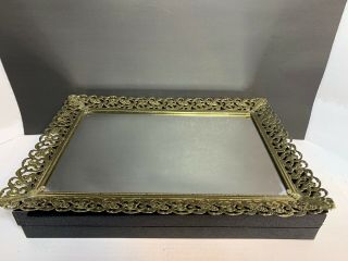 Vintage Gold Tone Metal Ornate Vanity Mirror Tray Rectangle 14 1/2” X 10 1/2”