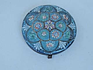 Antique Victorian Hand Painted Flowers On Blue Glass Trinket Jar Lid Only