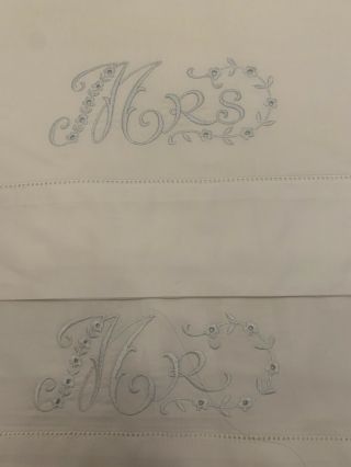 Vintage Pair White Pillowcases Pale Blue Embroidered “mr.  & Mrs.  ”