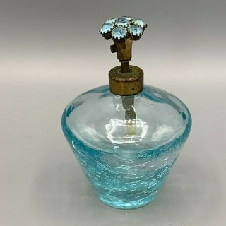 Vintage Blue Crackle Glass Perfume Atomizer Bottle W/ Blue Rhinestones