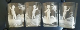 Antique Mary Gregory 4 Clear Glass Water Glasses Tumblers