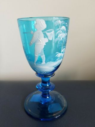 Antique Mary Gregory Blue Goblet 4 1/2 " Enamel Butterfly Boy