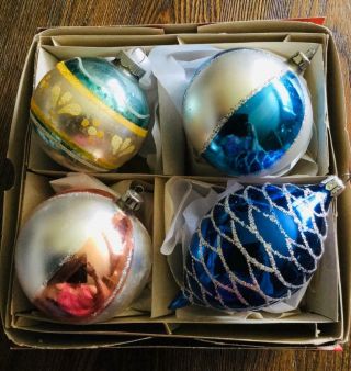 4 Vintage Large Glass Christmas Ornaments 3 - 1/2 To 4 - 3/4”