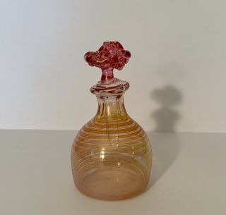 Vintage Pink Iridescent Orange Swirl Glass Perfume Bottle Art Flower Stopper