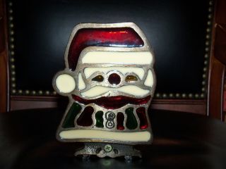 Inarco Vtg Stained Glass Metal Christmas Santa Tealight Votive Candle Holder