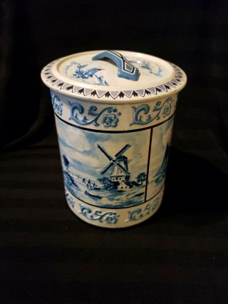 Vintage Western Germany Sailboat Metal Blue/white Tin Container & Lid