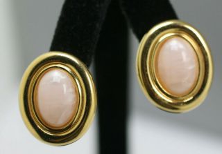 Vintage Gold Tone Signed Monet Pink Swirly Cabochon Oval Post Earrings Classy