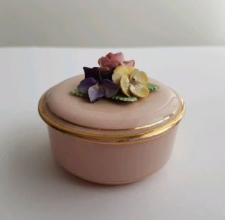 Vintage Crown China Crafts Round Trinket Box With Flowers Hand Made & Painted