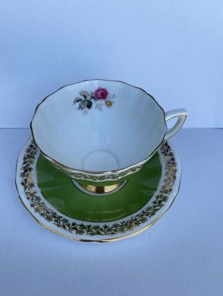 Vtg Tea Cup & Saucer Royal Adderley Fine Bone China Green & Gold