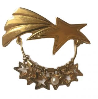 Vintage Gold Tone Shooting Star Pin Brooch With Hanging Star Charms,  Make A Wish