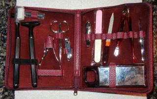 Vintage Manicure Shaving Travel Case Grooming Kit Clippers Shaver File Mirror,