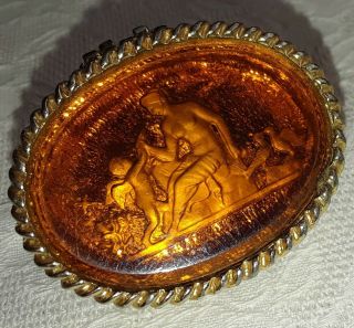 Vintage Venus Cupid Reverse Carved Intaglio Amber Glass Pill Trinket Box Case