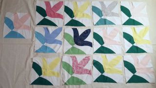 13 Vintage Quilt Blocks Flower Design,  Pinks,  Green,  Yellow.  Hand - Stitched