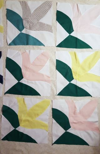 13 Vintage Quilt Blocks Flower design,  Pinks,  Green,  Yellow.  Hand - stitched 2