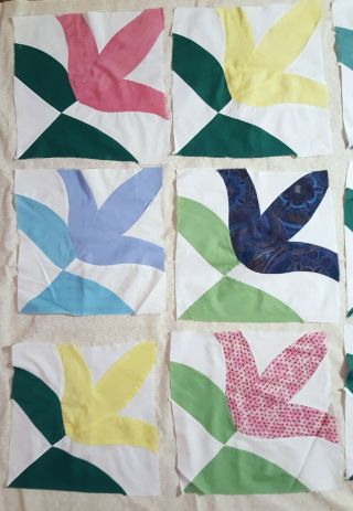 13 Vintage Quilt Blocks Flower design,  Pinks,  Green,  Yellow.  Hand - stitched 3