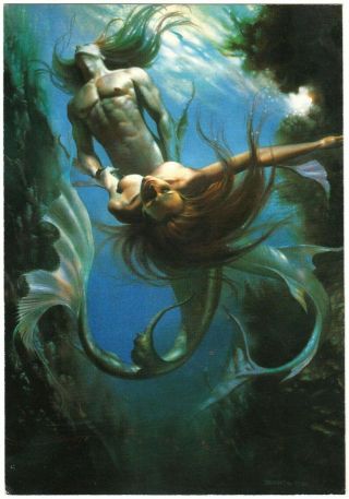 Boris Vallejo Nude Couple Man Woman Mermaid Witch Vintage Russian Postcard