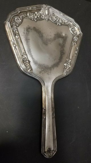 Vintage Mirror,  Handheld,  Silver Toned Unknown Metal Floral Embossed, 3