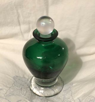 Vintage Green Glass Perfume Bottle With Iridescent Stopper 5” Tall,  No Chips