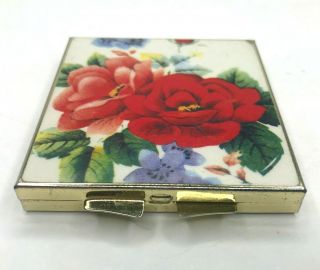 Vintage Pill Bar Box Gold Tone Metal Floral Print Cover Square Made In Japan
