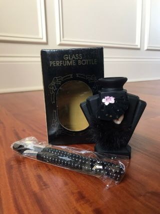 Vtg Art Deco Lady Black Glass Perfume Bottle W/ 4 Piece Cosmetic Brush Set