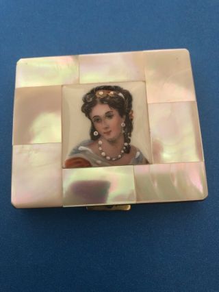 Vintage Marhill Mother - Of - Pearl Compact With Handpainted Portrait Tile