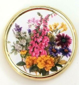 Vtg Floral Round Brass Gold Tone Trinket Pill Box Flowers Pink Yellow White.