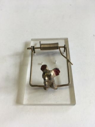 Vintage Mouse Trap & Mouse Metal & Lucite Note Holder Paperweight